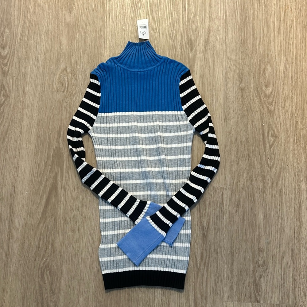 LOFT Colorblock Striped Mock Neck Long Sleeve Fitted Sweater Size l Ribbed NWT - Picture 2 of 6